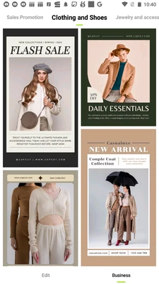 Preview of trending filters and pre-designed templates in the app